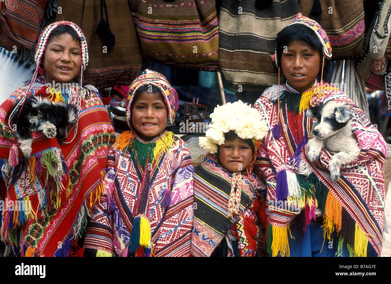 kids in pisac market sacred valley peru Stock Photo