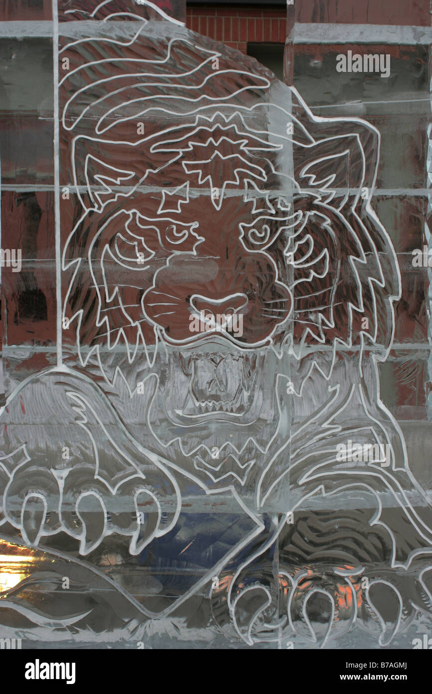An ice carving rendition of the Detroit Tigers logo at Winterblast. Stock Photo
