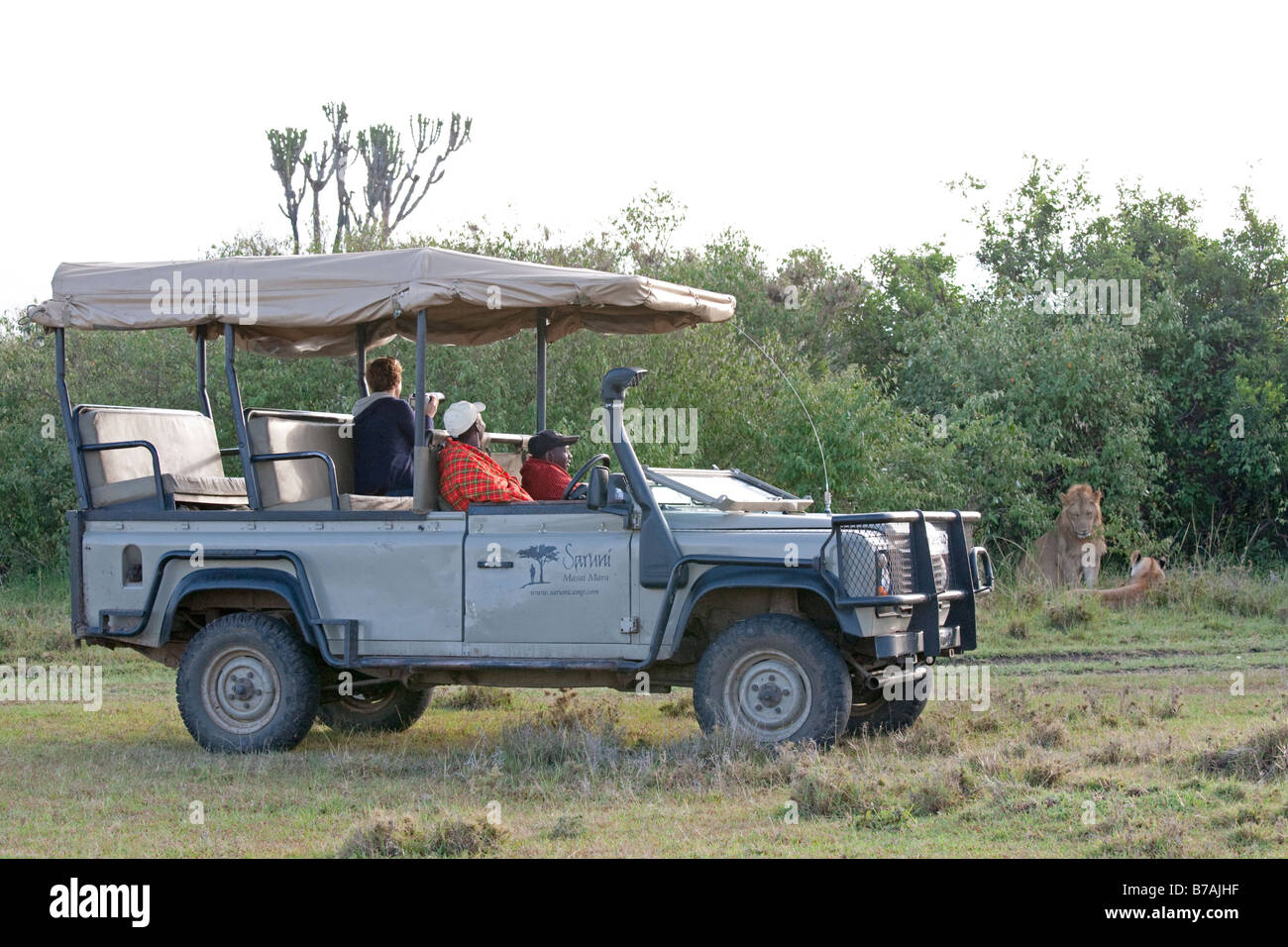 Tourists game viewing from vehicles Masai Mara North Reserve Kenya Stock Photo