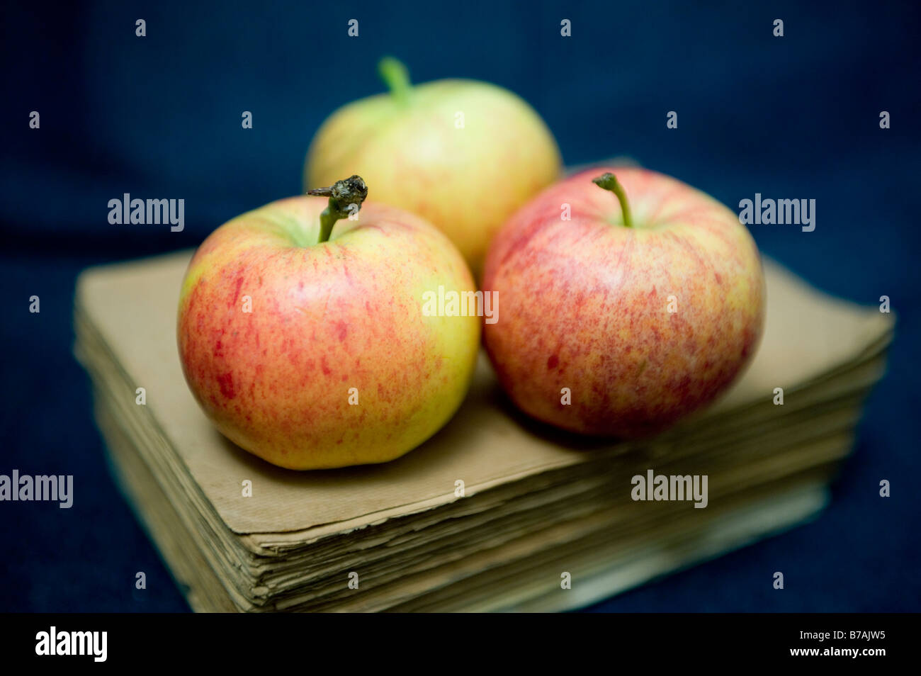 Three British royal gala apples on a batch of old books Stock Photo Alamy
