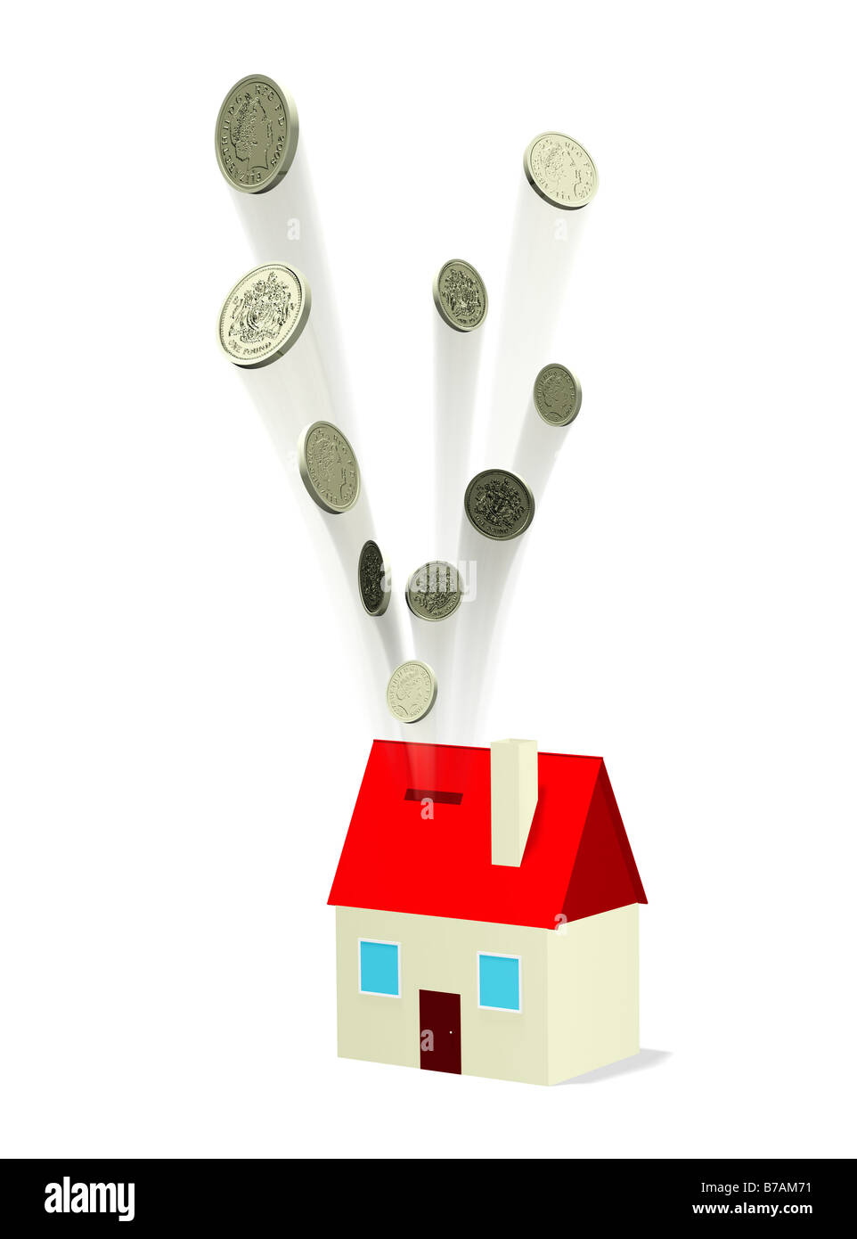 Model of a house as a money box with pound coins sterling bursting out 3d cgi render Stock Photo