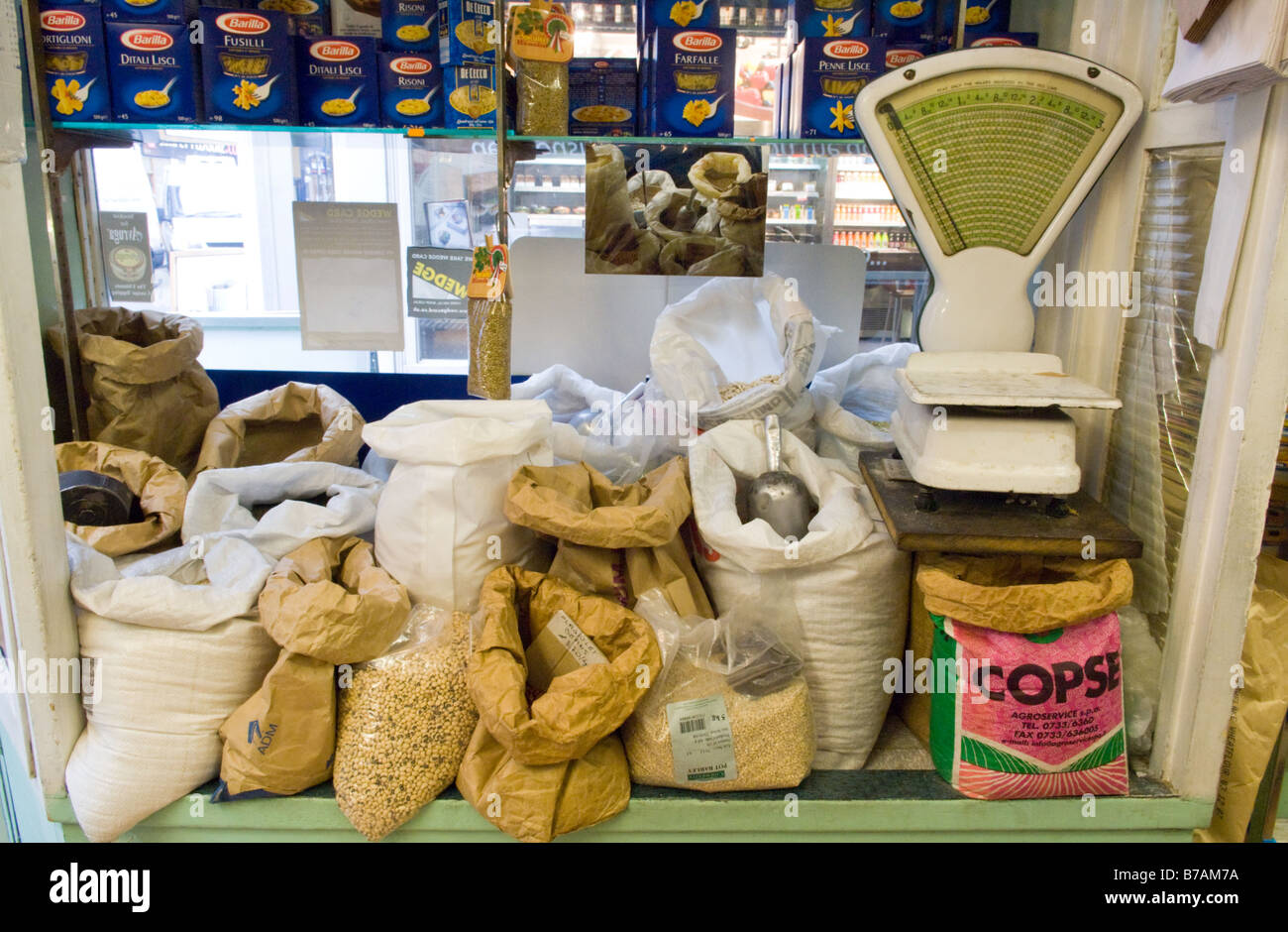 A deli shop with dried food and pasta for sale, an old fashioned deli delicatessen shop. Stock Photo