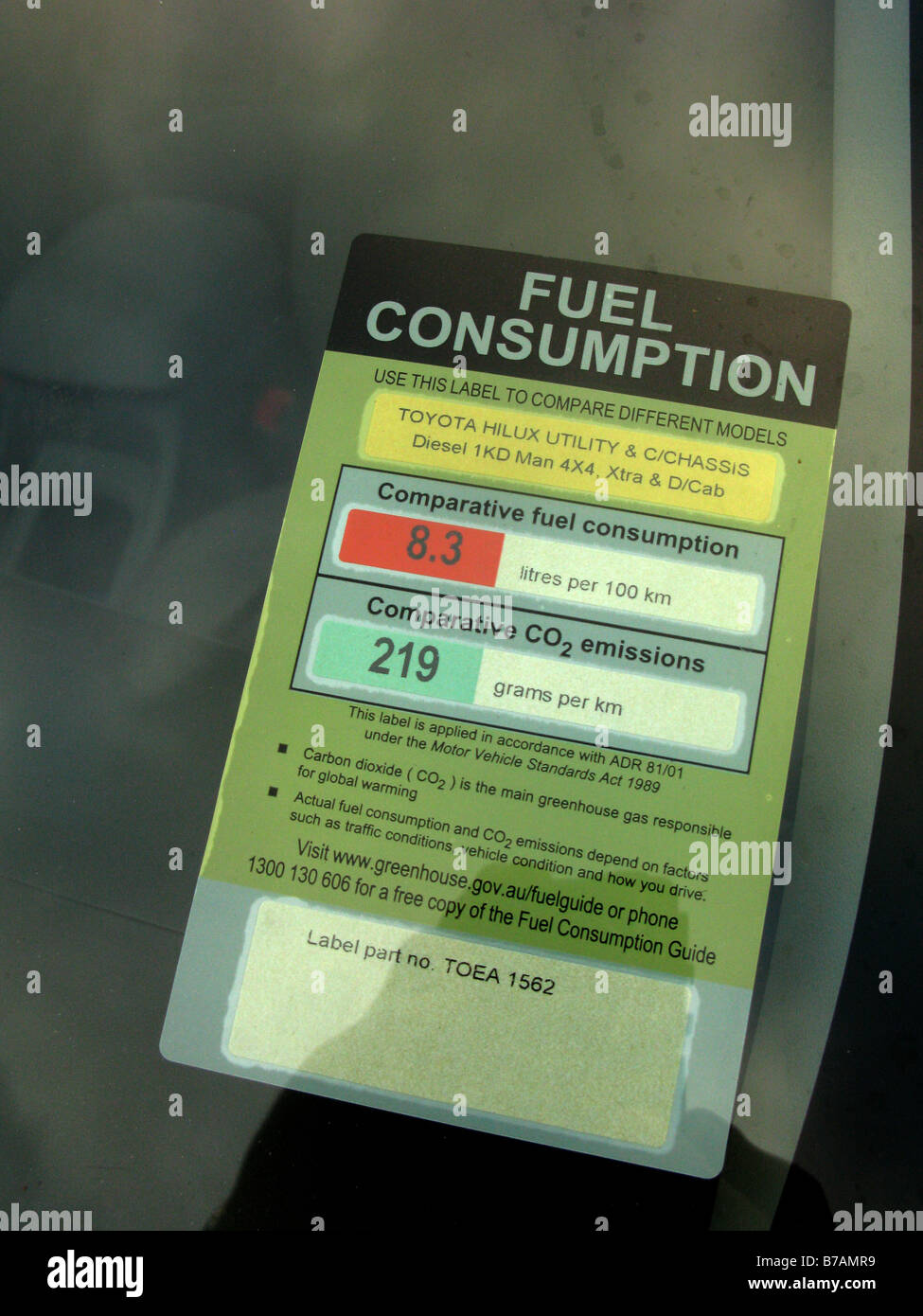 A label on a late model Toyota vehicle shows its fuel cosumption relative to CO2 production Stock Photo