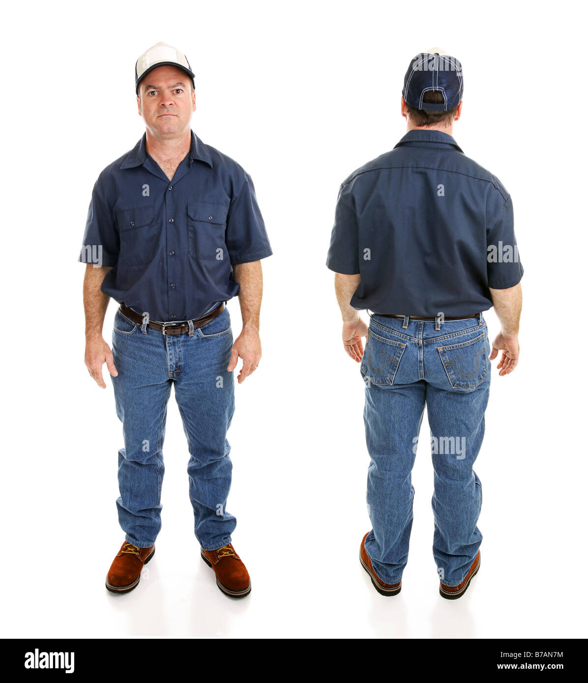 Front and backviews of average blue collar working man isolated on