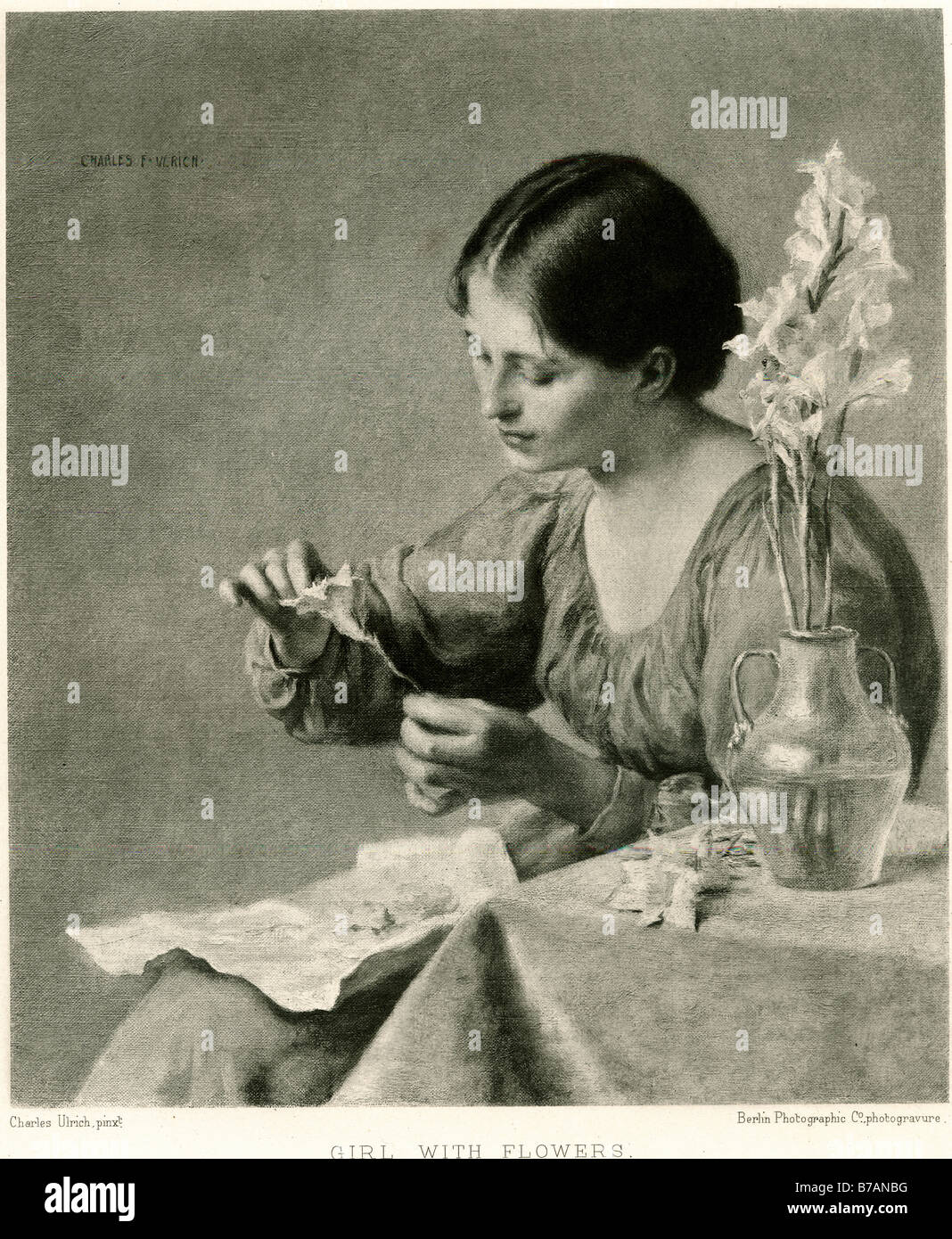 girl with flower table vase sitting traditional clotheing woman lady inside pureining petle Stock Photo