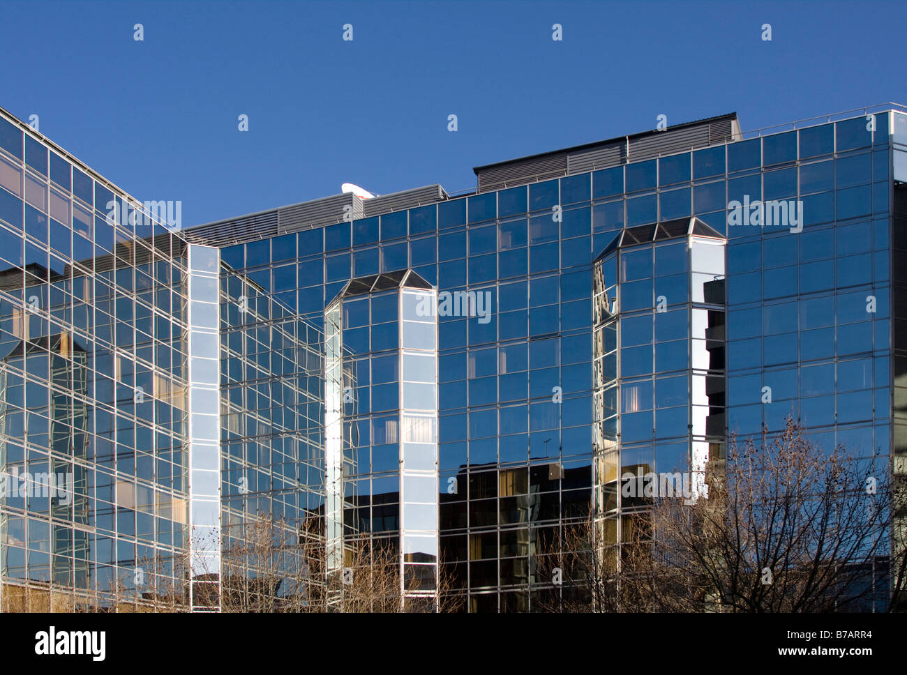 Skyscrapers Hammersmith. London Blue sky sunset glass reflection modern buildings contemporary shapes. Horizontal 99544 London Stock Photo