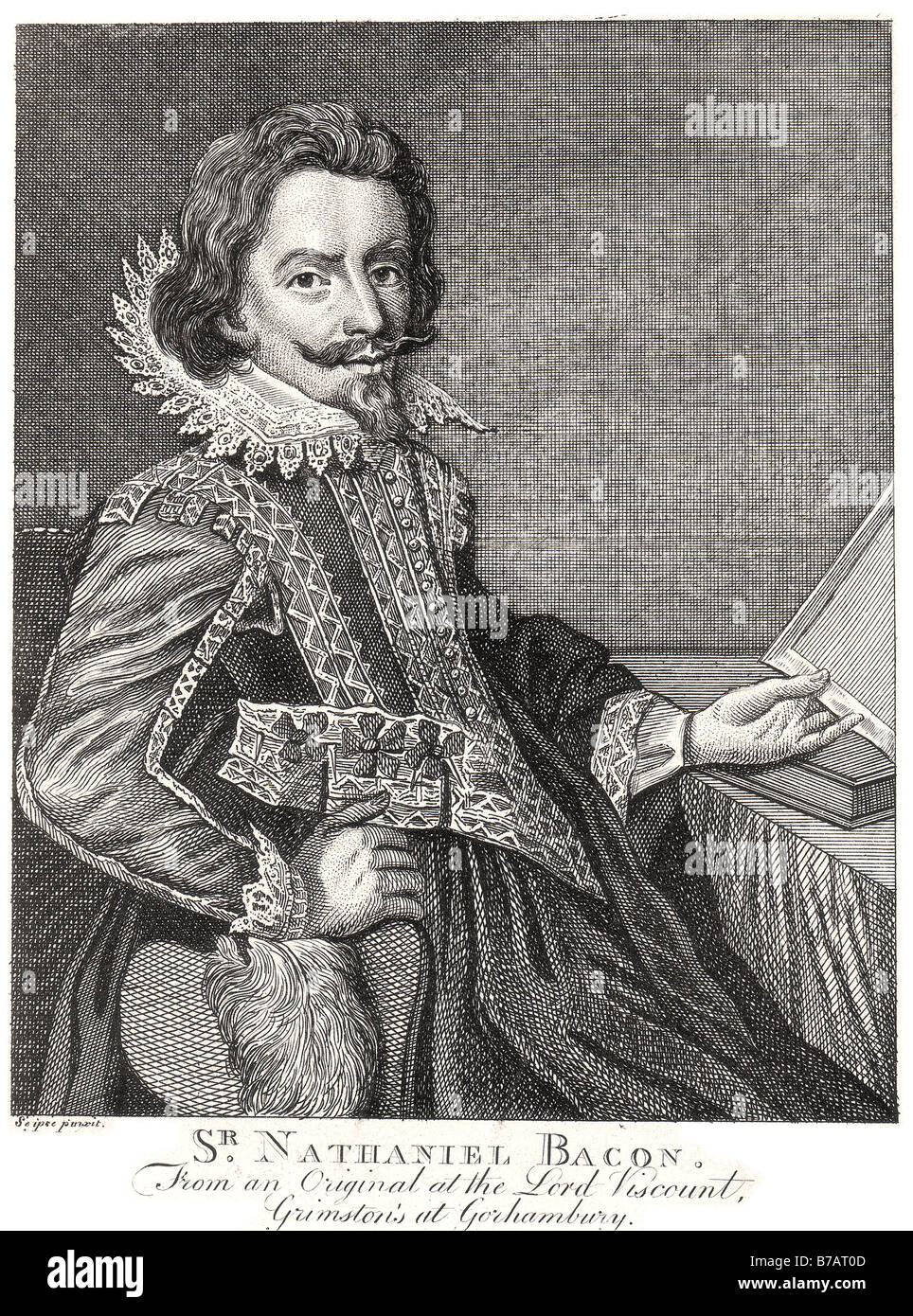 Sir Nathaniel Bacon 1640-1676 wealthy landowner Suffolk England. Nathaniel Bacon, engravingBacon was an exceptionally skillful Stock Photo