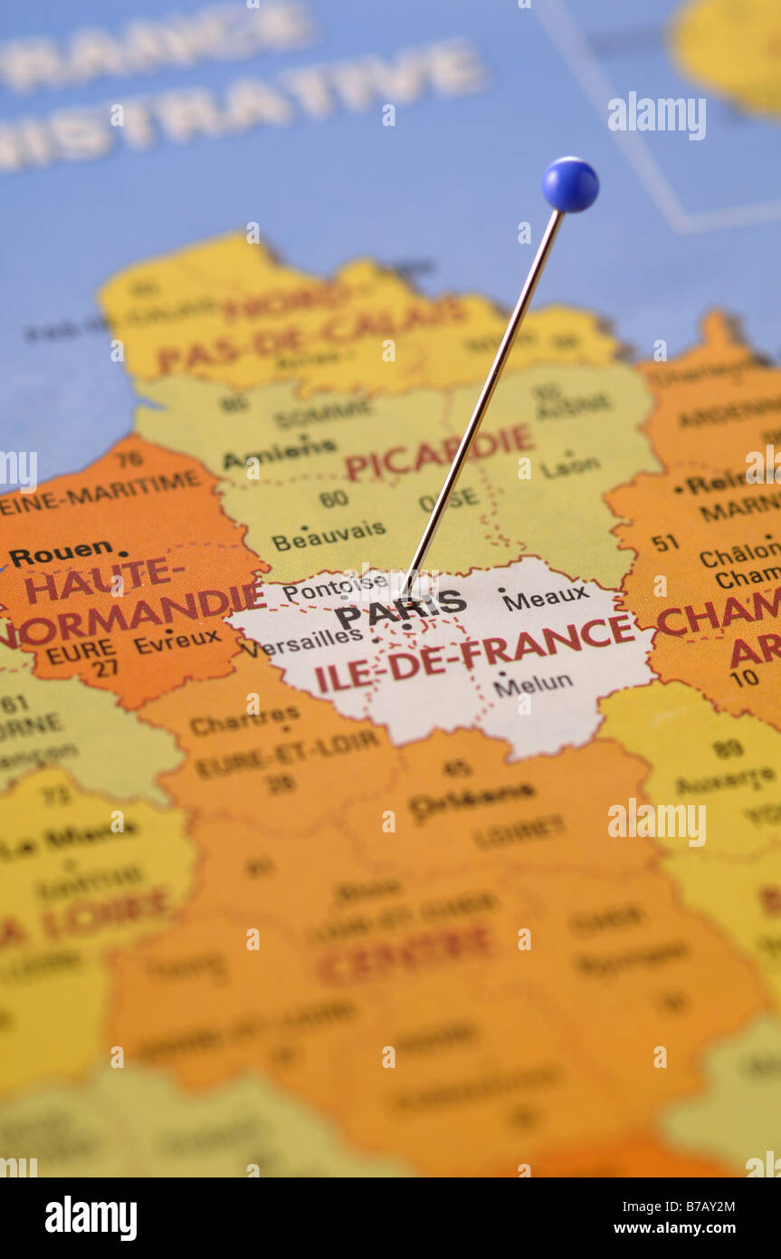 Pin in Map of Paris, France Stock Photo