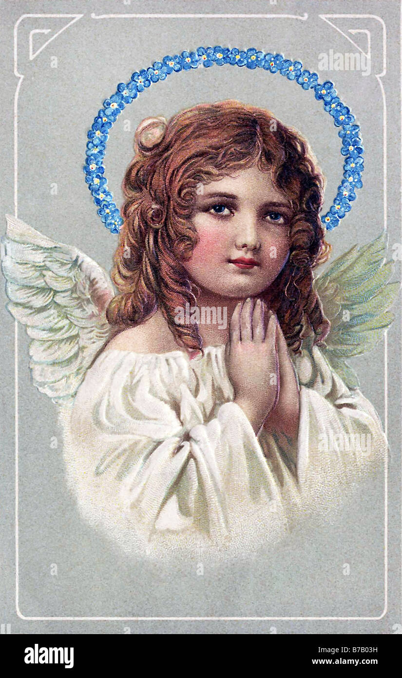 vintage cute guardian angel girl with valentine angel girl flowers birthday Stock Photo