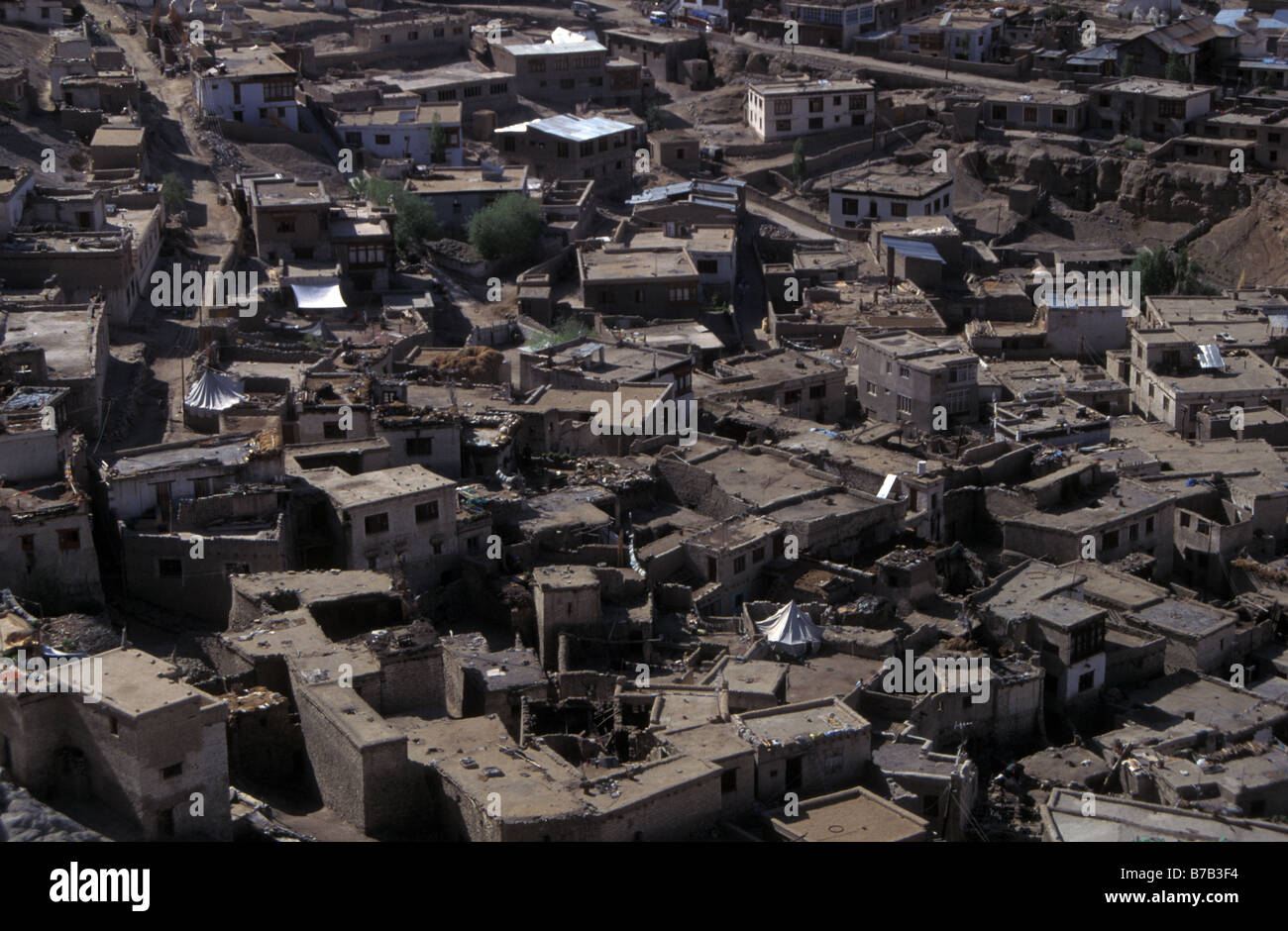 aerial view from Namgyal Tsemo gompa of rooftops of Leh Ladakh Jammu and Kashmir India Stock Photo