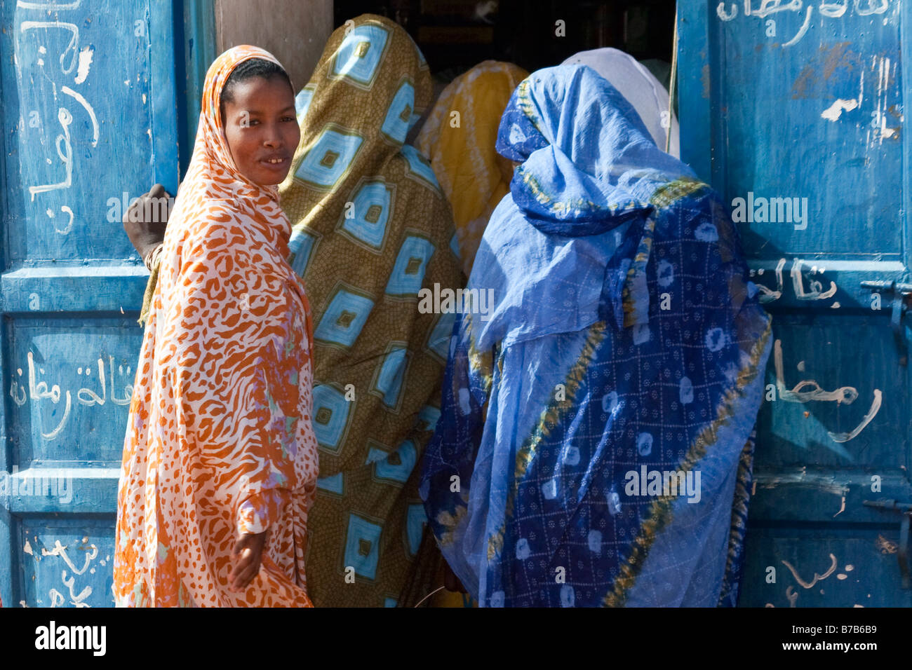 Women Crowding the Door of a Shop in Chinguetti Mauritania Stock Photo