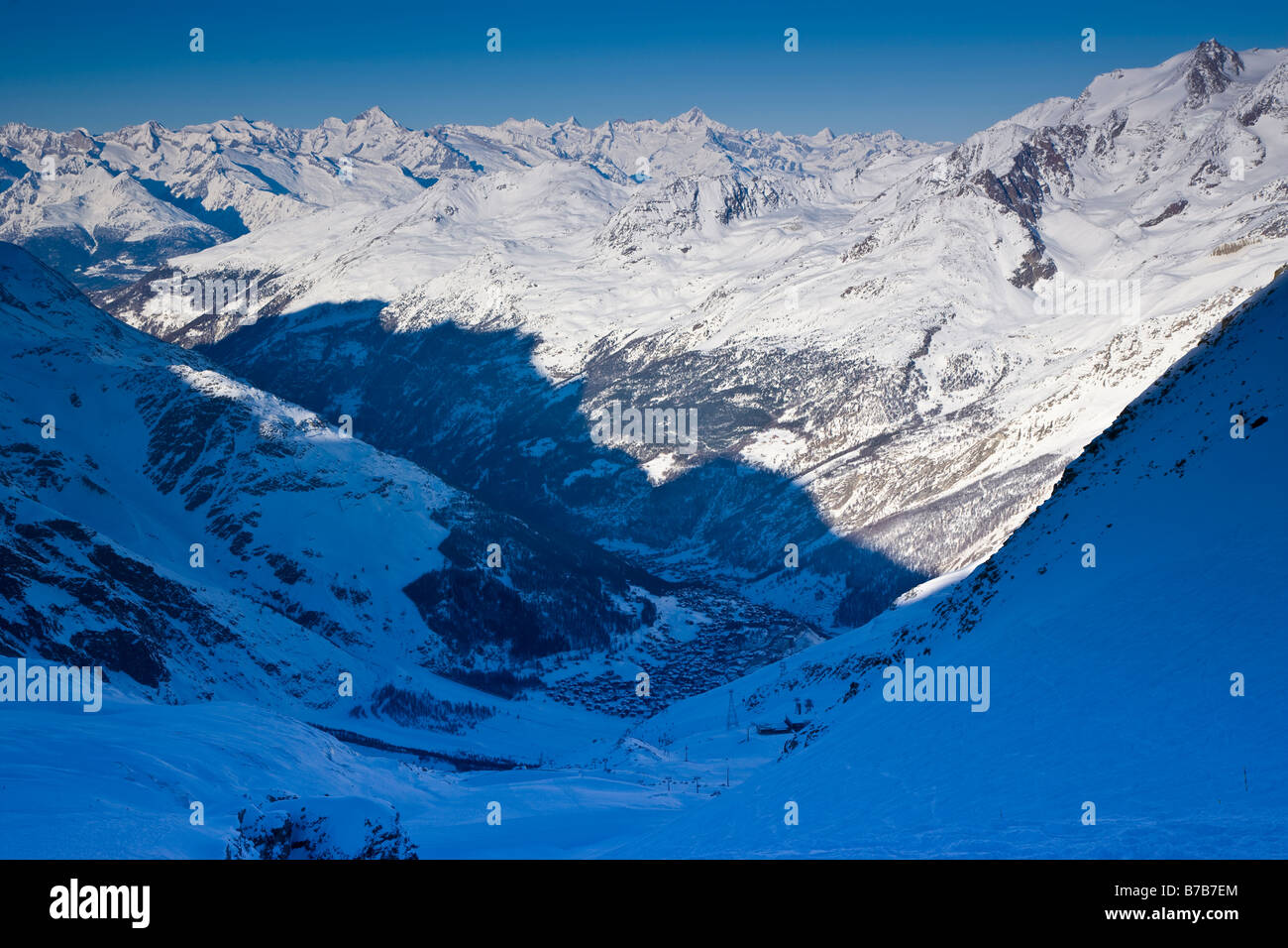 Saas Fee deep in the Saas Valley surrounded by mountains Switzerland Stock Photo