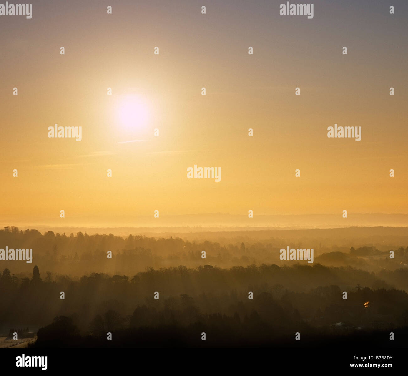 Sunrise over Oxted. North Downs, Kent, England, UK. Stock Photo