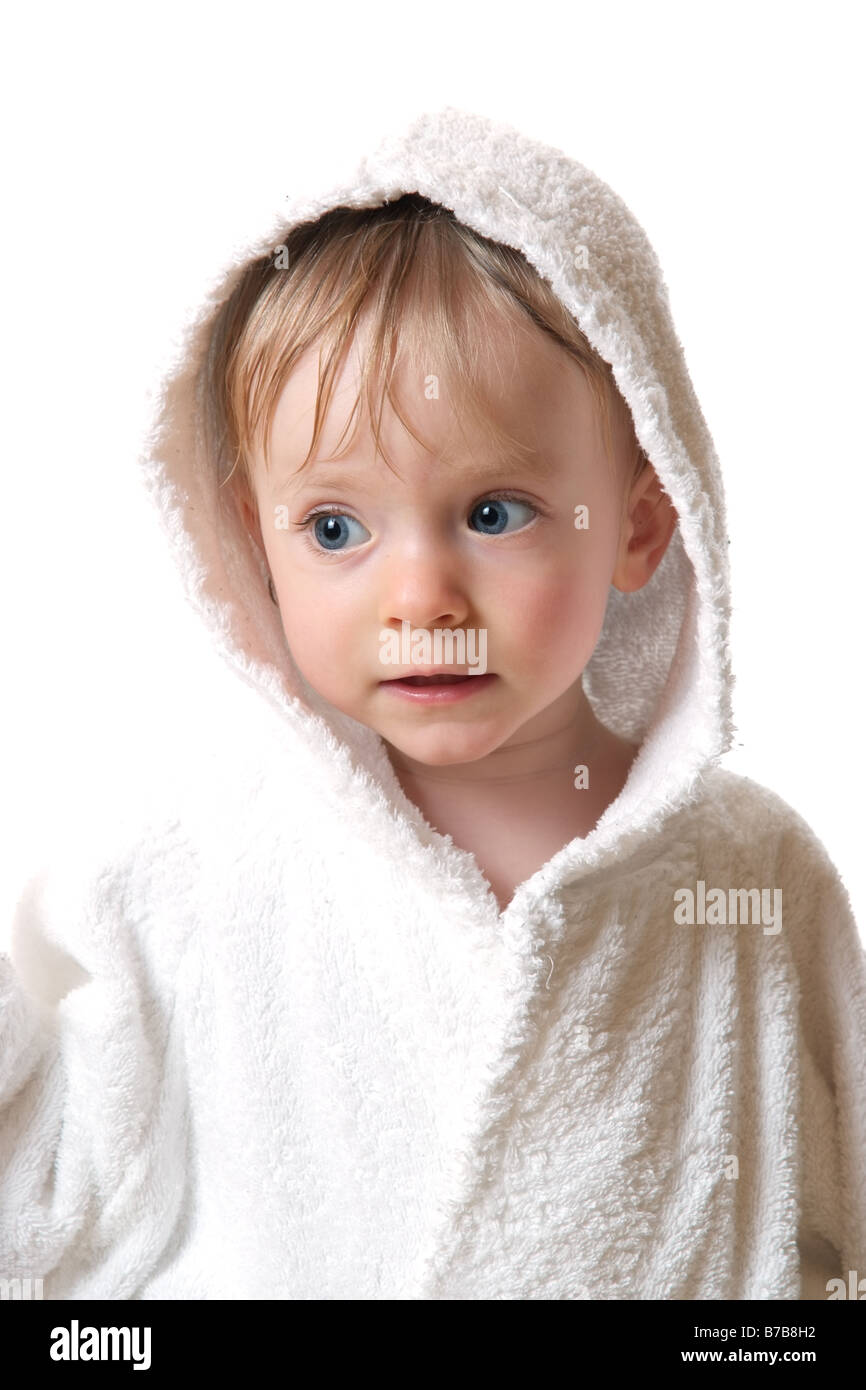 toddler in white bathrobe Stock Photo Alamy