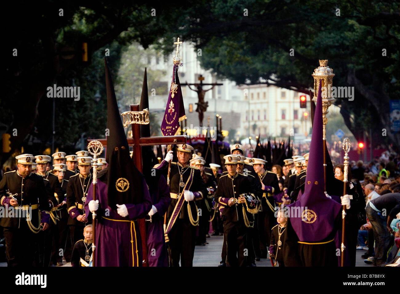 nazarenes in Easter processions Holy Week Malaga sun coast Andalusia
