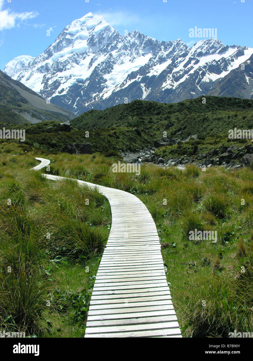 Footpath in Mount Cook National Park Southern Alps New Zealand South Island Stock Photo