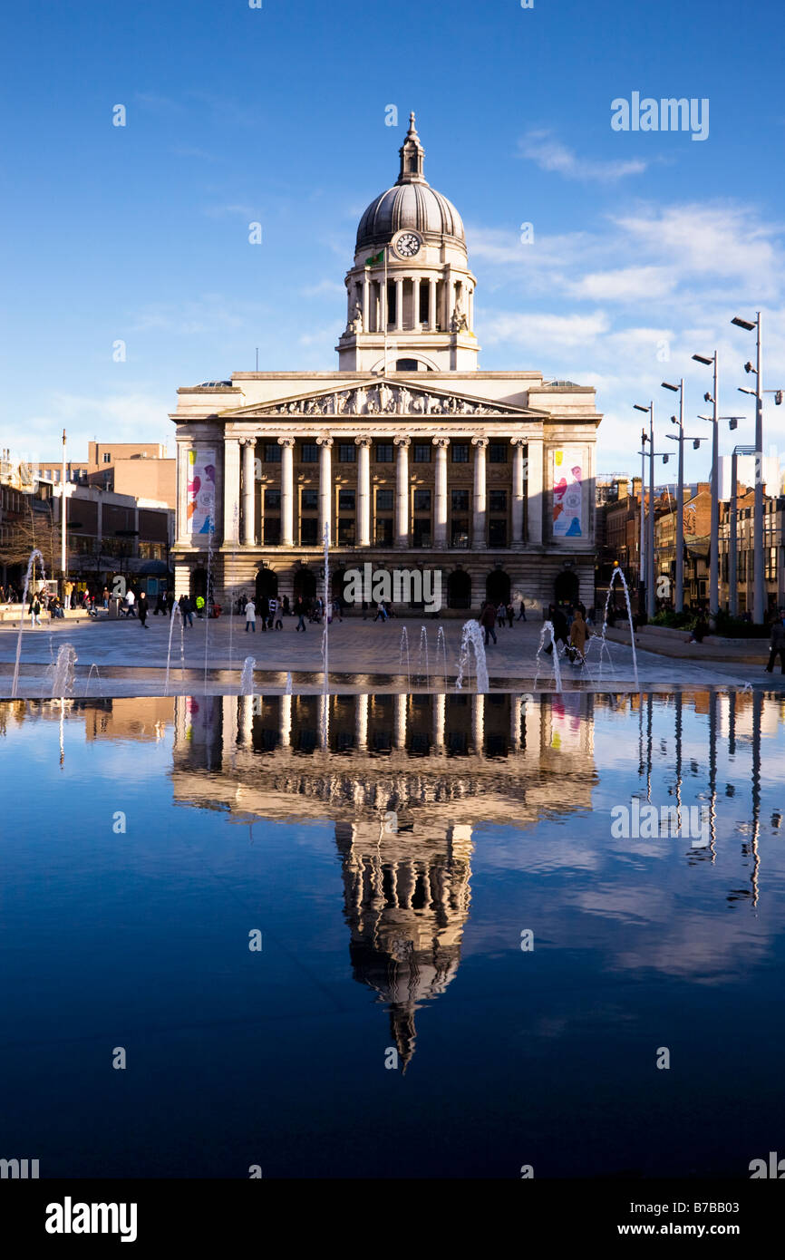 Nottingham City Hall reflected in the fountain, Old Market Square, Nottingham, Nottinghamshire, England Stock Photo