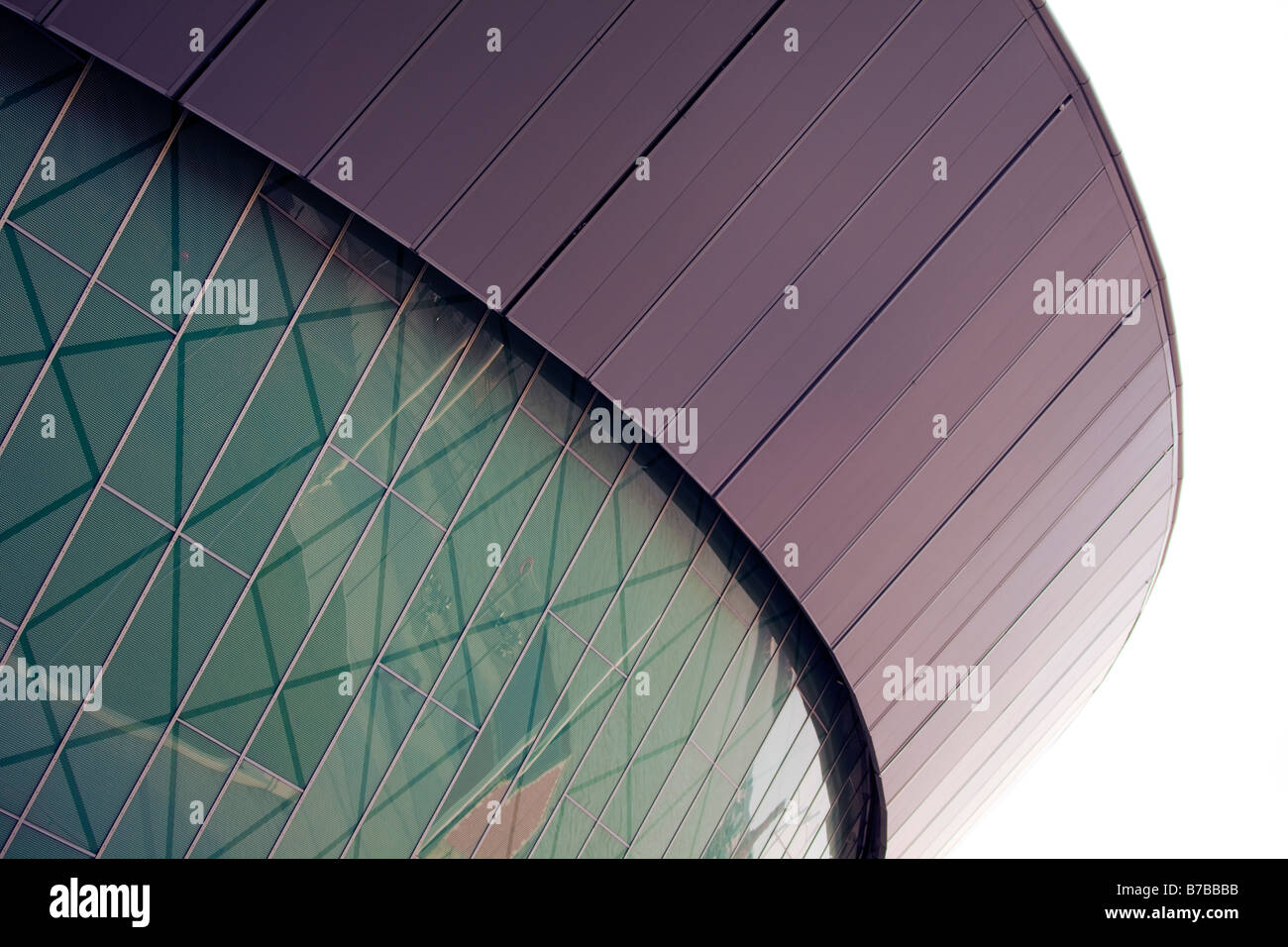 Abstract architecture at the Liverpool Echo Arena from the outside showing the glass and metal structure, Merseyside, UK Stock Photo