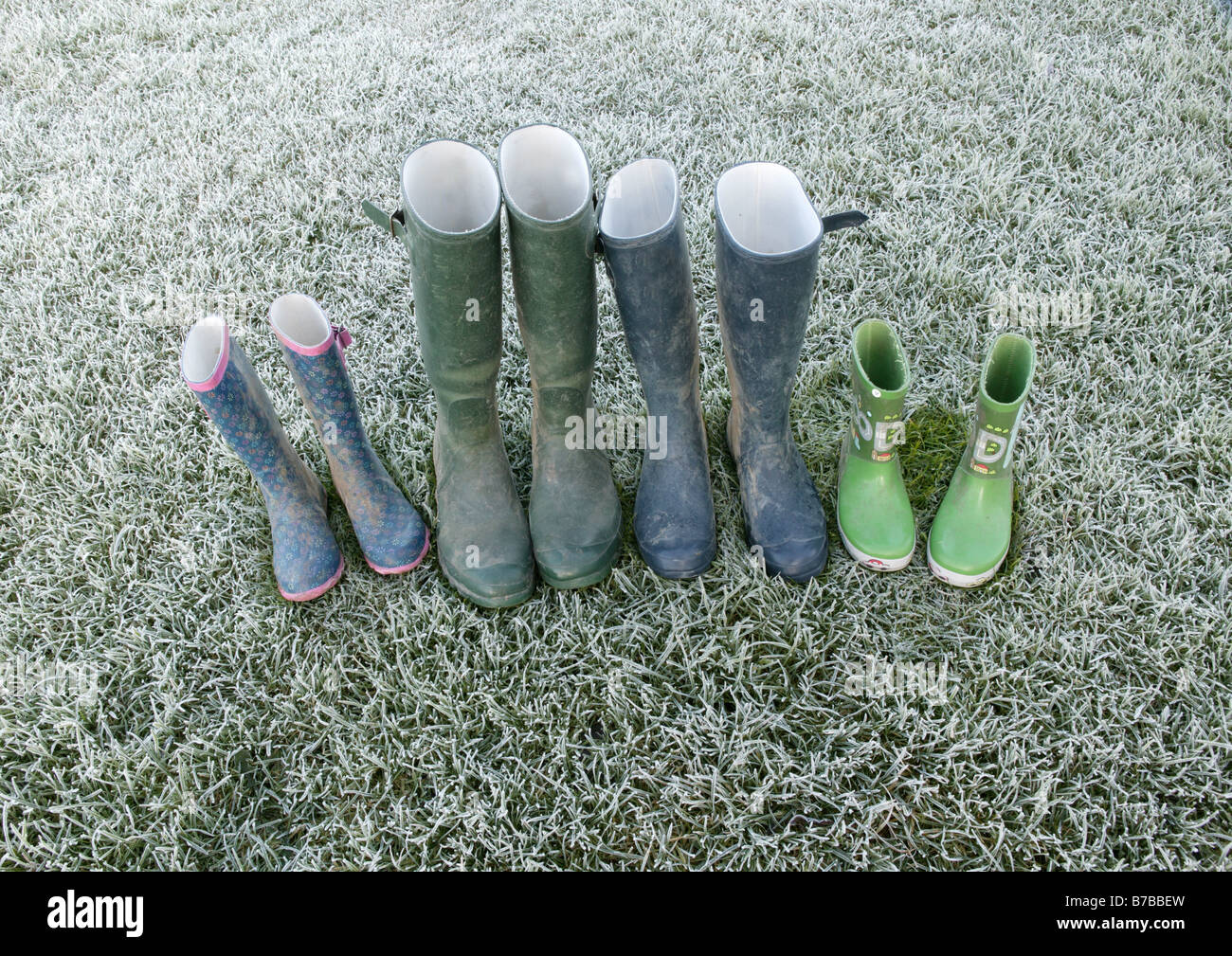a lineup wellington boots left on some frosty green grass offering a conceptual image describing family structure Stock Photo