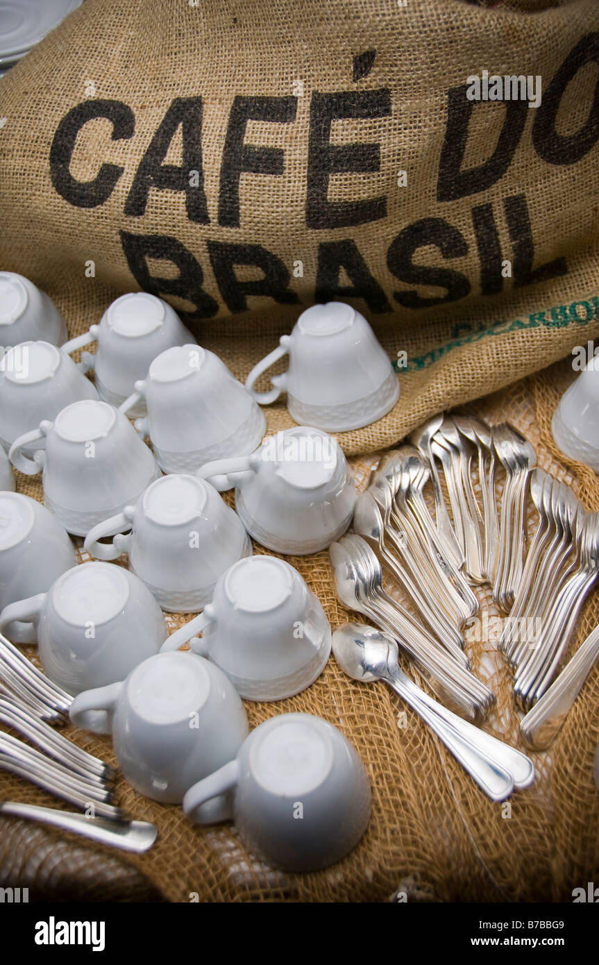 Brazilian coffee with cups and teaspoons. Stock Photo