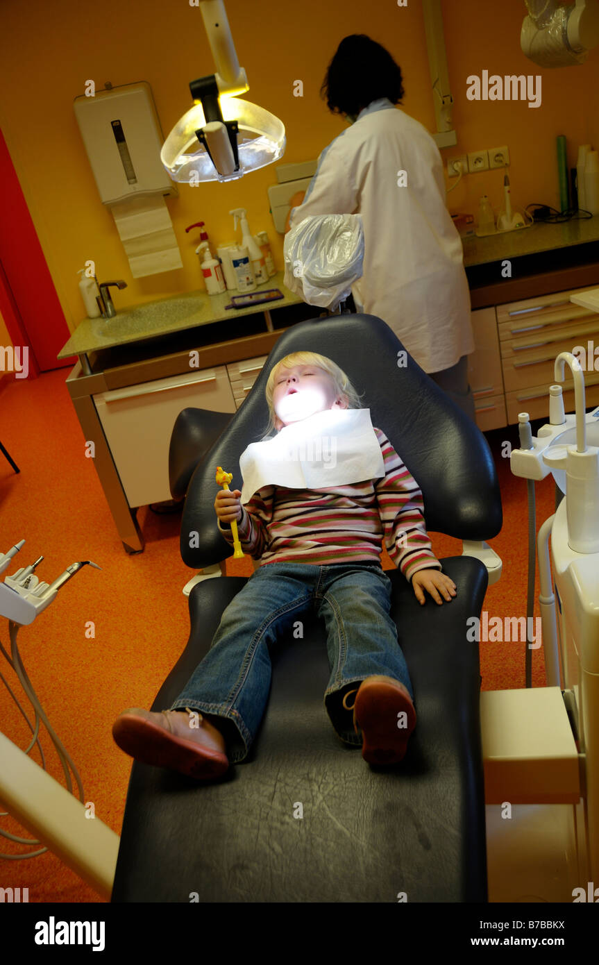 Stock photo of a 3 year old girl having her first dental check up Stock Photo