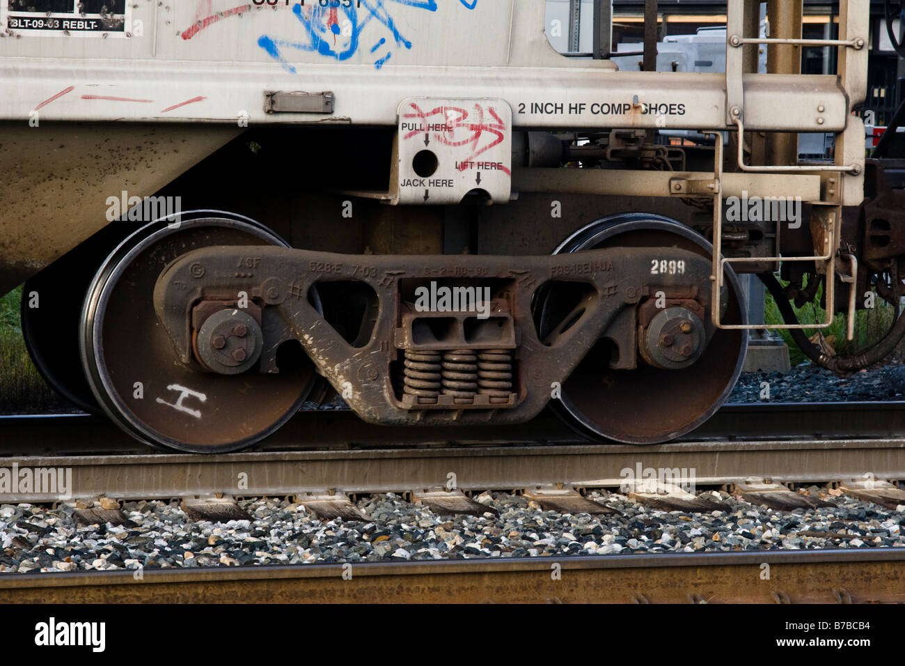 Truck of freight car on New England Central Railroad freight train in White River Junction Vermont USA Stock Photo