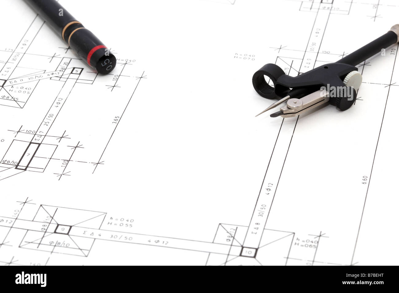 engineering drawings and equipment compass and rapidograph Stock Photo