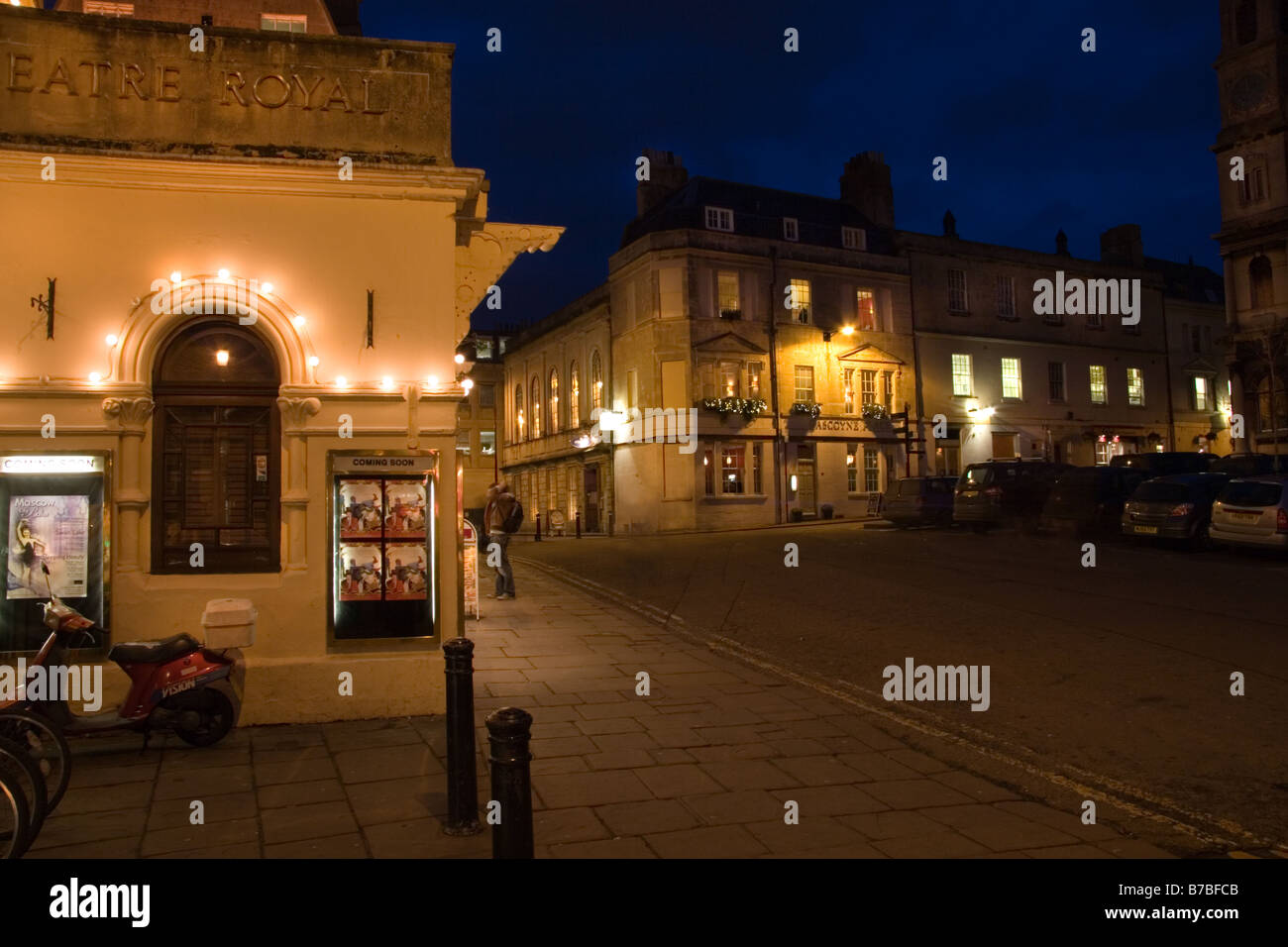 A night view of Saw Close, Bath with the Theatre Royal box office Stock
