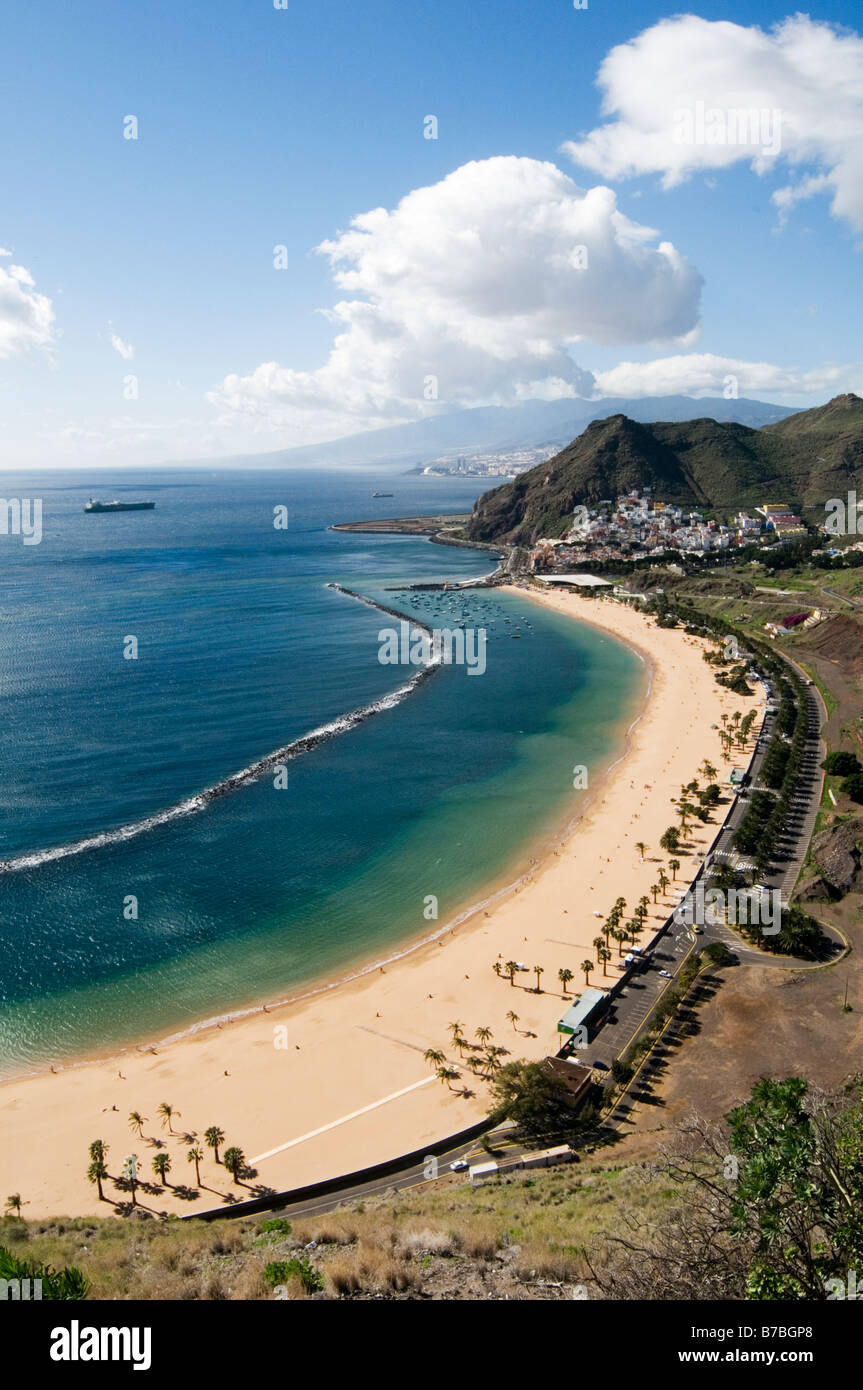 Man made beach white sand Playa de Las Teresitas Teneriffe Tenerife Canary Islands Canaries Spanish island resort destination ho Stock Photo