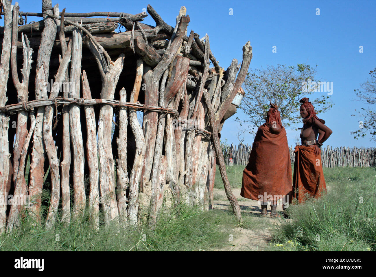 Namibia, Himba, Women, Mother, Child, Fence Stock Photo