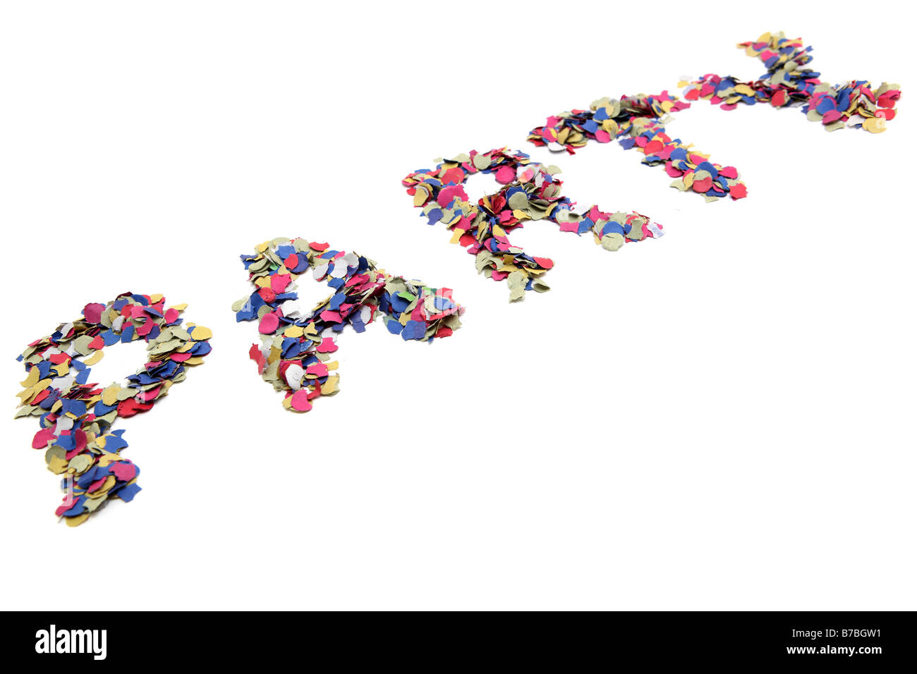 party word with confetti isolated on white background with copyspace