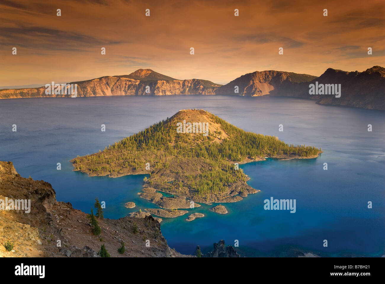 Wizard Island at Crater Lake from Watchman Overlook on West Rim Drive at Crater Lake National Park Oregon USA Stock Photo