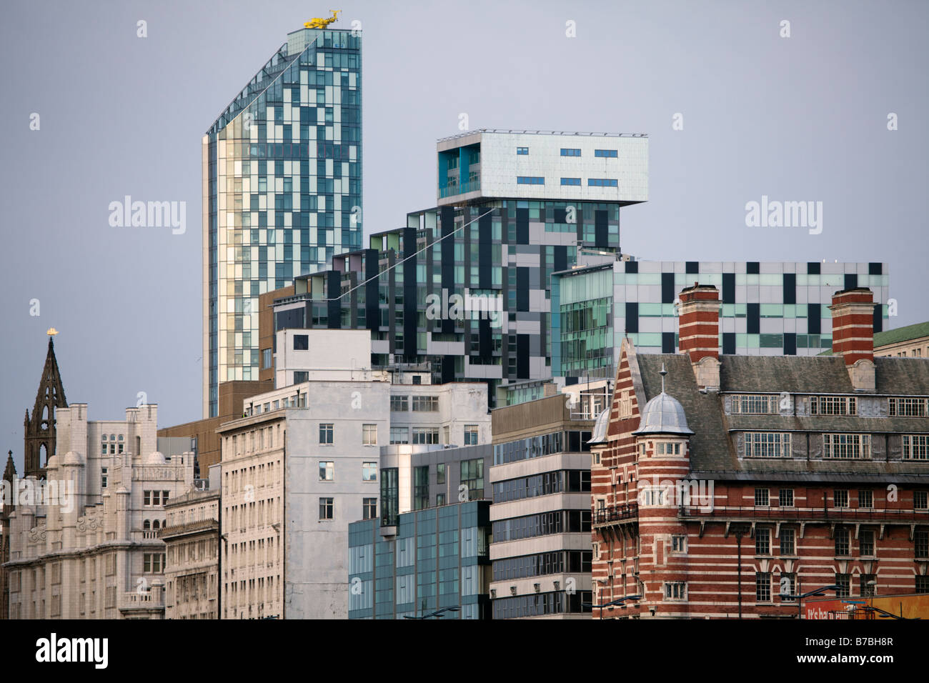 Liverpool skyline including new business against old building and the Unity Residential, Unity Commercial and  Alexandra Tower, Liverpool, England, UK Stock Photo