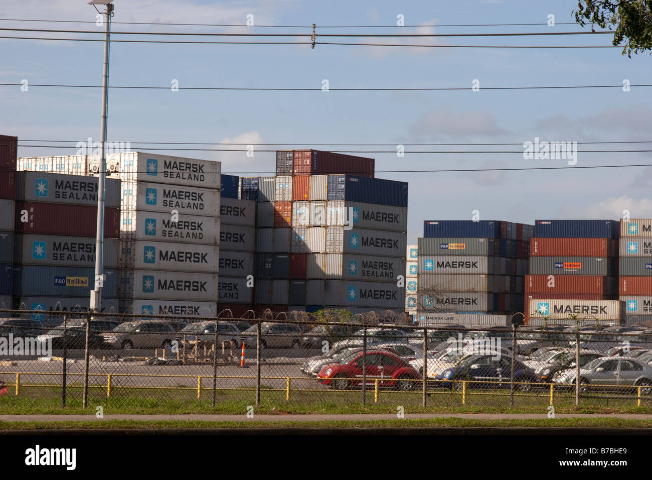 Panama Ports Company. Shipping containers and cars waiting for customs. Balboa, Panama City
