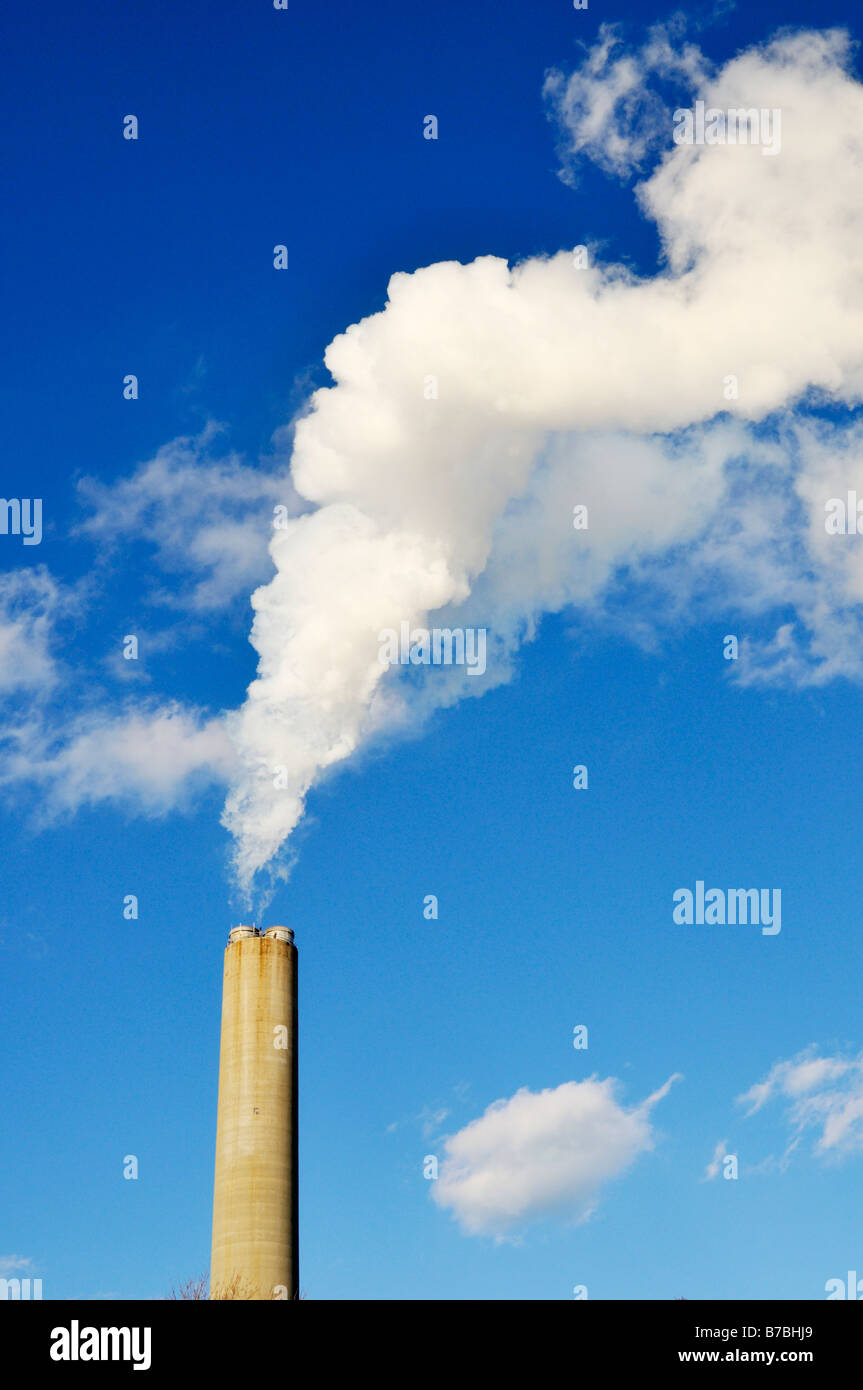 White smoke and smokestack from power plant in United States Stock Photo