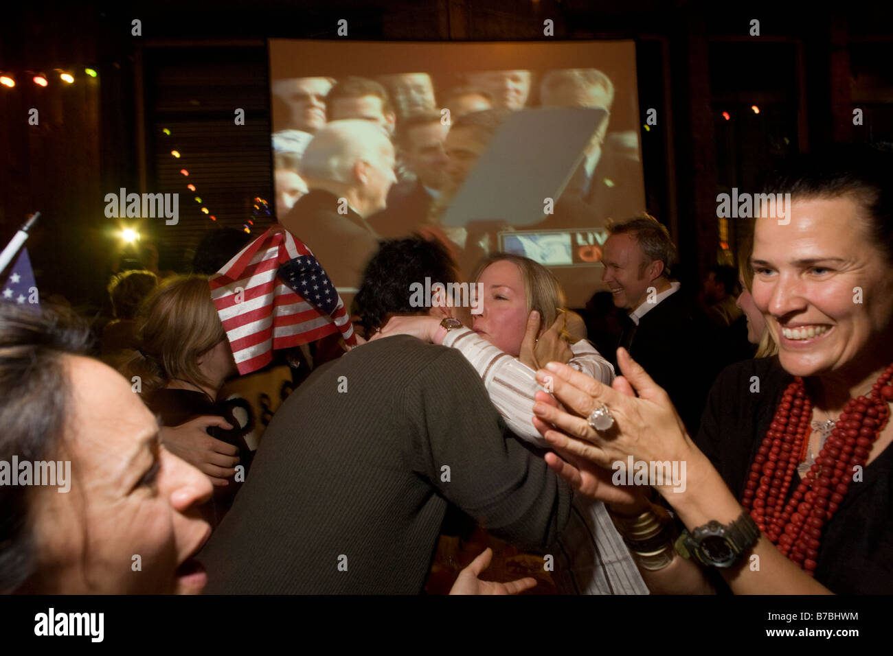 Elated US expatriate citizens celebrate Barack Obama's inauguration as the 44th US President in London. Stock Photo
