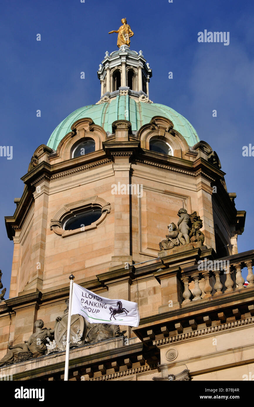 The new Lloyds Banking Group flag flies over the former HBOS headquarters on the Mound, Edinburgh, Scotland, UK. Stock Photo