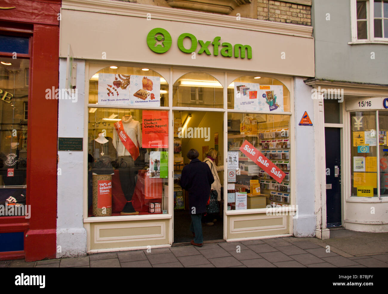 The shop front for the Oxfam charity shop, Broad Street, Oxford, England. Stock Photo