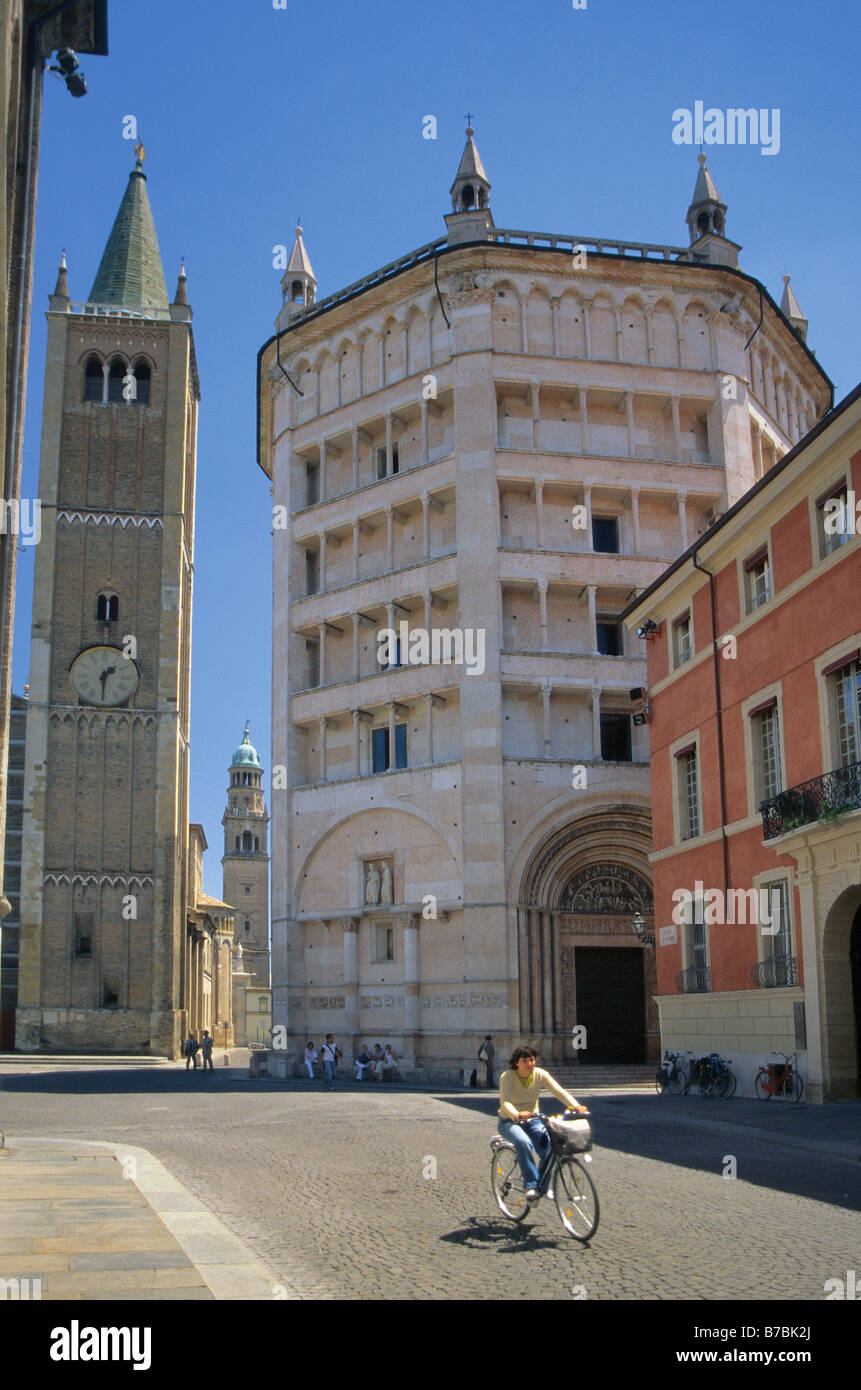 Campanile on left baptistery on right and tower of San Giovanni Evangelista church in distance at Piazza del Duomo Parma Italy Stock Photo