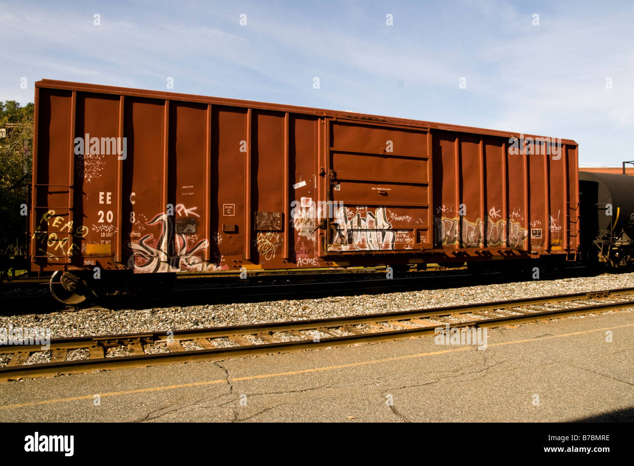 Boxcar on New England Central Railroad freight train cars in White
