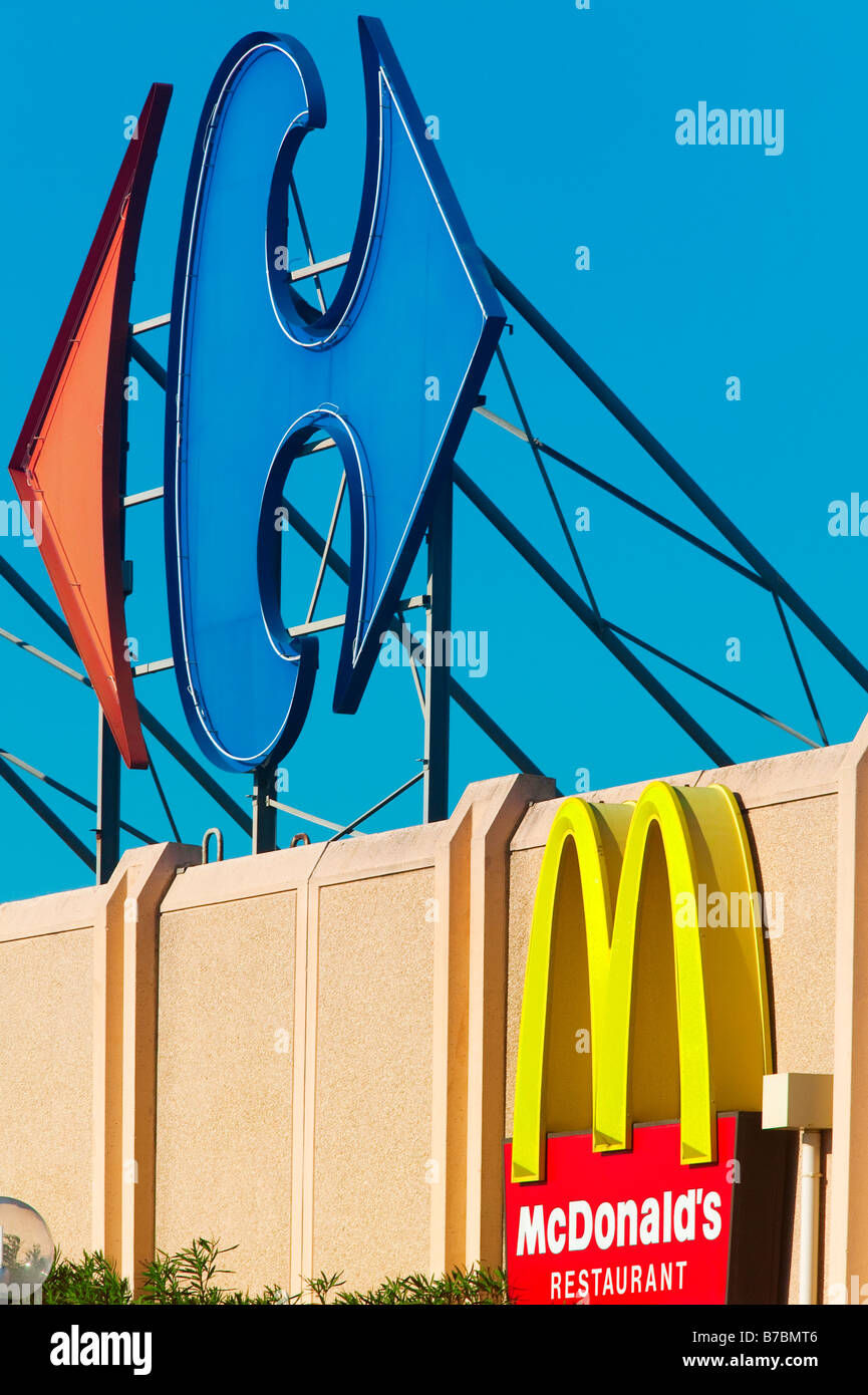 MAC DONALD S FAST FOOD and CARREFOUR SUPERMARKET Stock Photo