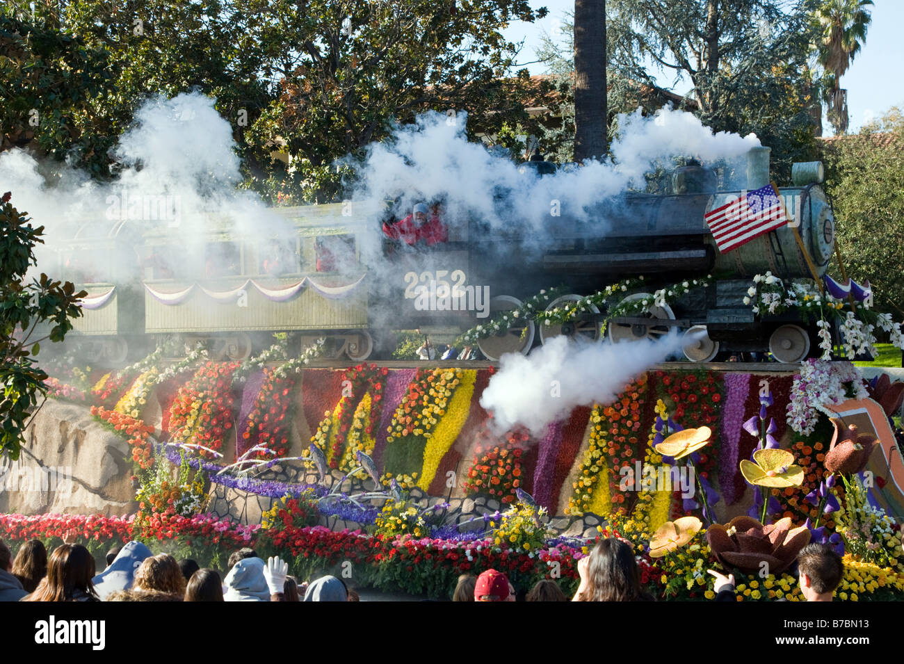 Floats decorated with flowers in the annual New Years Day Rose Bowl