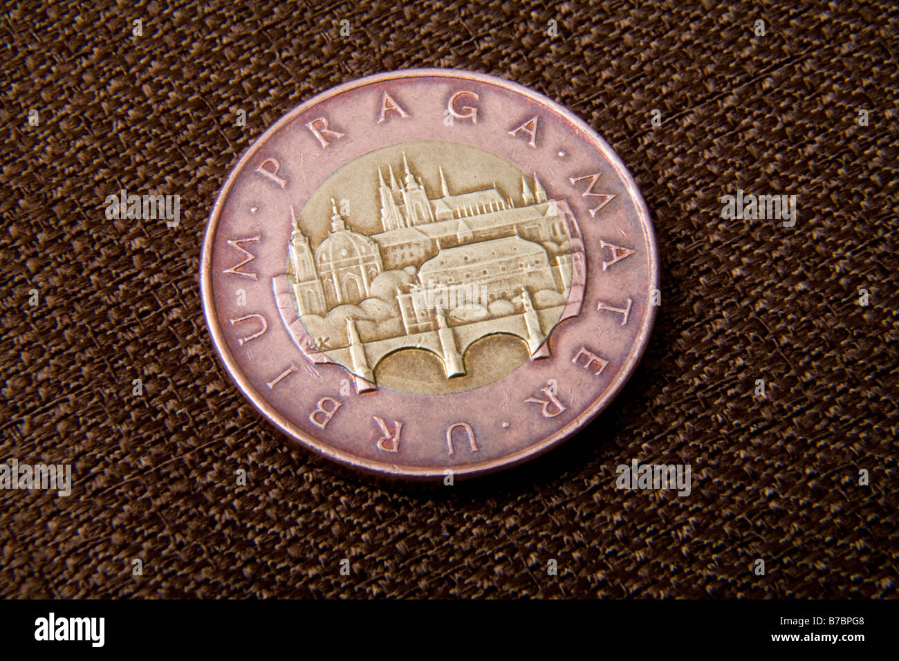 Reverse side of Czech 50 Koruna coin features Prague Castle and Charles Bridge  economy bank money cash Stock Photo