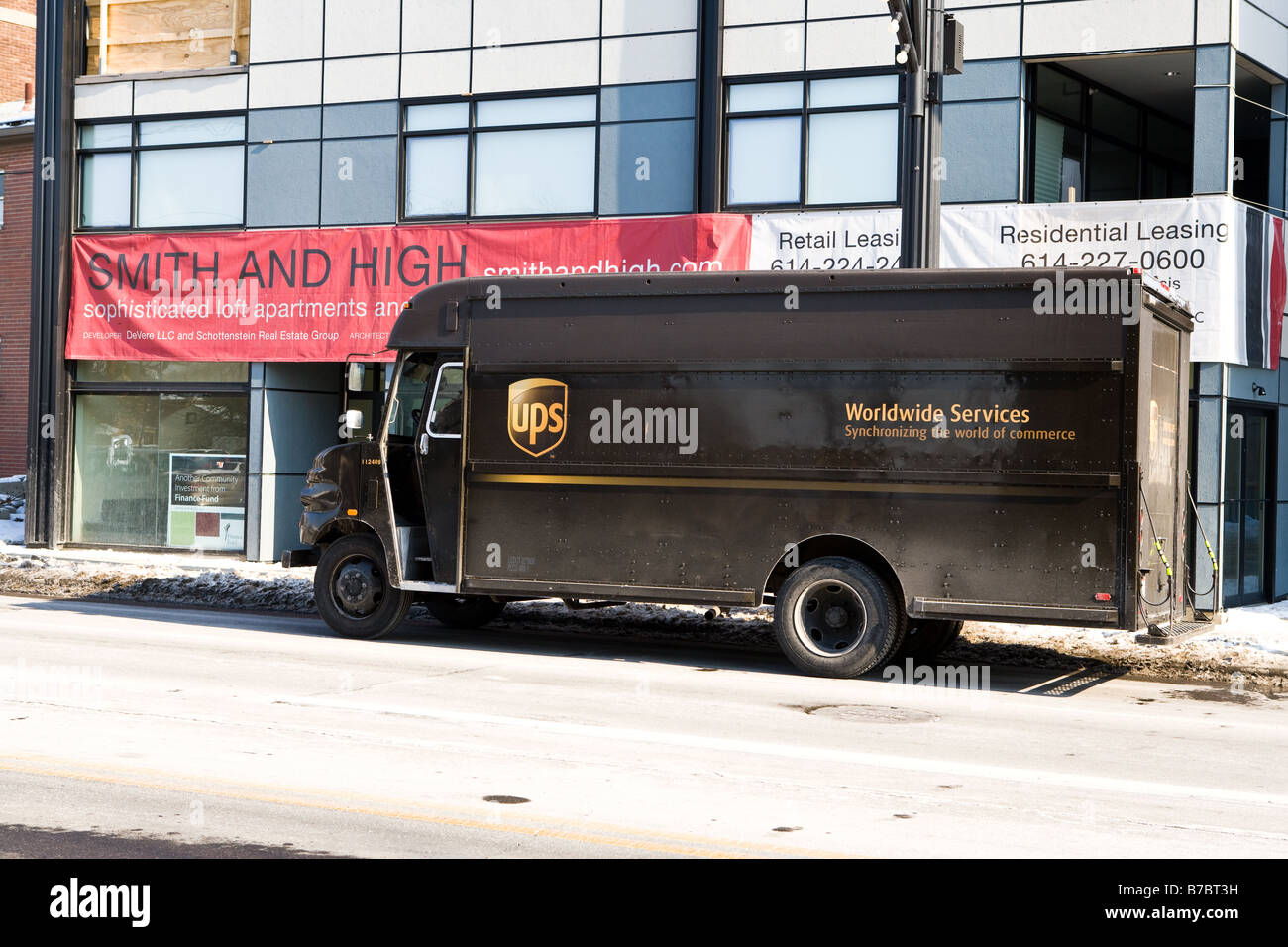 A UPS truck making a delivery Stock Photo