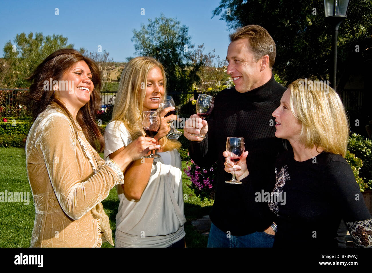 Wine connoisseurs enjoy an outdoor vintage tasting party in Rancho Santa Margarita California Stock Photo