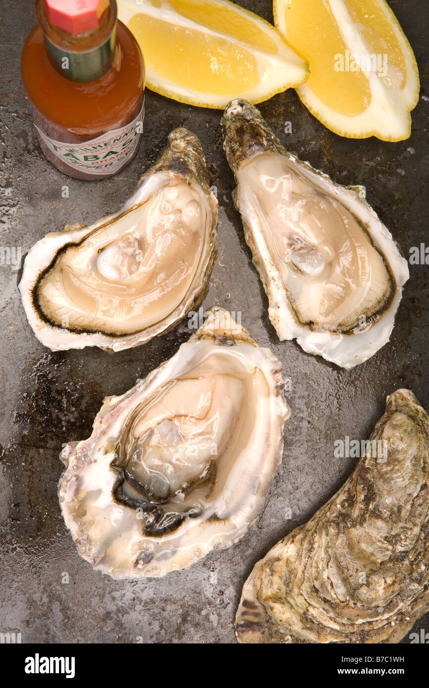 fresh oysters lemons and Tabasco sauce Stock Photo