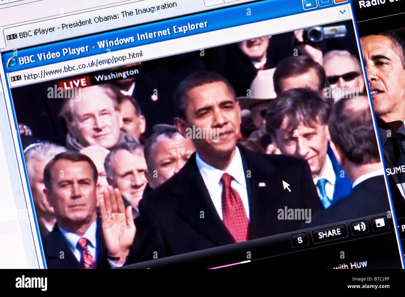 Screenshot of BBC internet coverage of inauguration of President Barack Obama - millions watched online (Editorial use only) Stock Photo