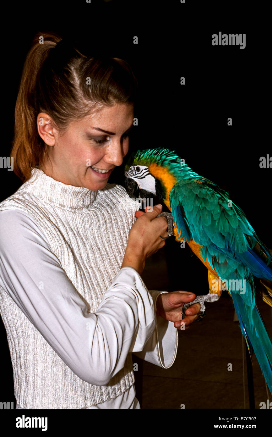 Woman demonstrating parrot at a mall Stock Photo