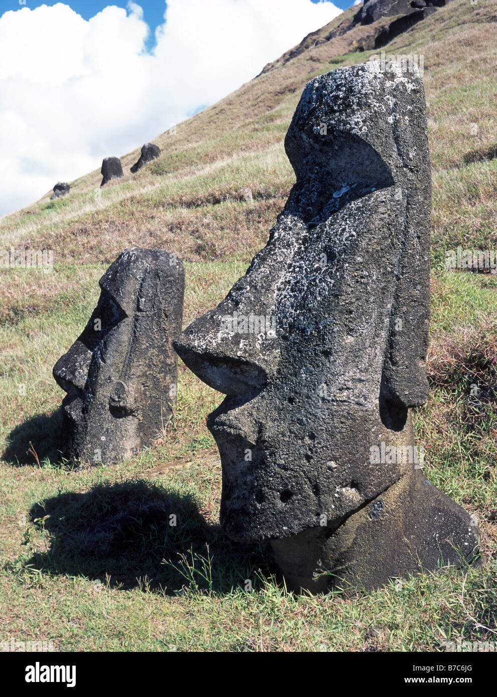 Moais of Ahu Akivi inland Ahu on the UNESCO World Heritage of Easter Island Chile Stock Photo