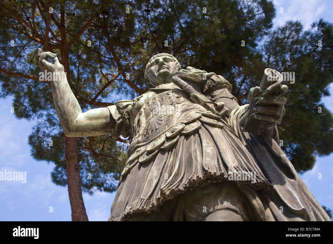 Julius Caesar, Caius Iulius Caesar, Roman Emperor. Bronze statue in Rome viewed from below. Stock Photo